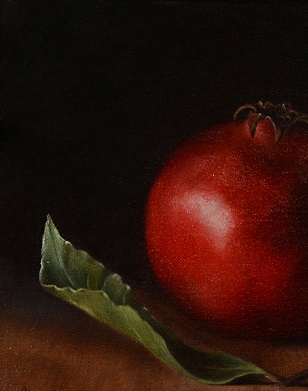 Ginny Page 2012 - Pomegranate with Leaf - Oil on Canvas 17x23cm